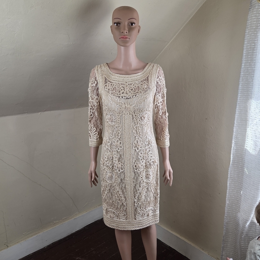 Sue Wong Nocturne Lace Embroidered Cocktail Dress Size 10 Cream Nude Lined